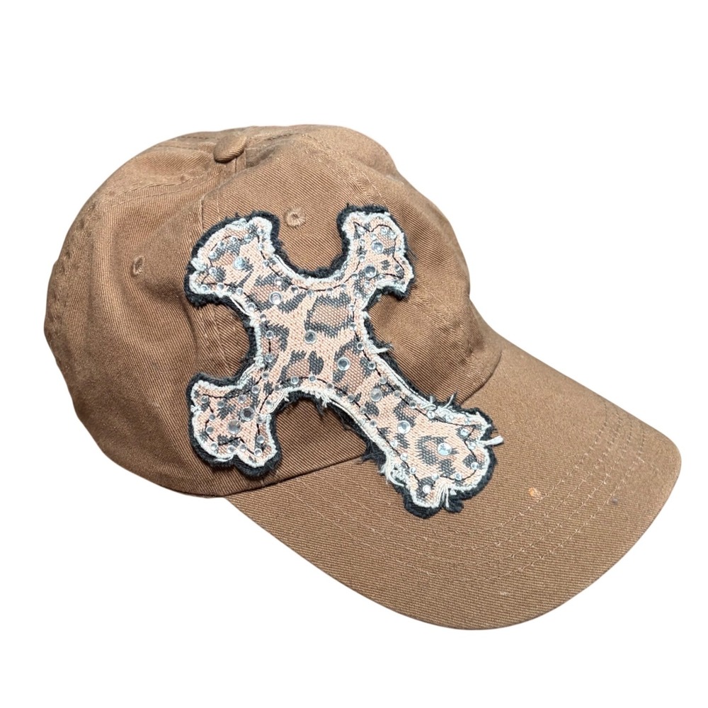 Y2K Grunge Mcbling Gyaru Brown Leopard Print Rhinestone Cross Baseball Cap Hat